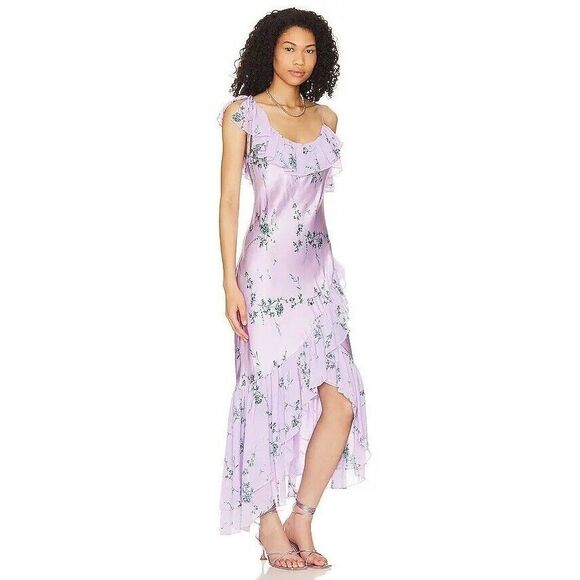 New CINQ À SEPT  Kersti Floral Print Asymmetric Silk Dress Purple Lilac Size 4 - Picture 2 of 8